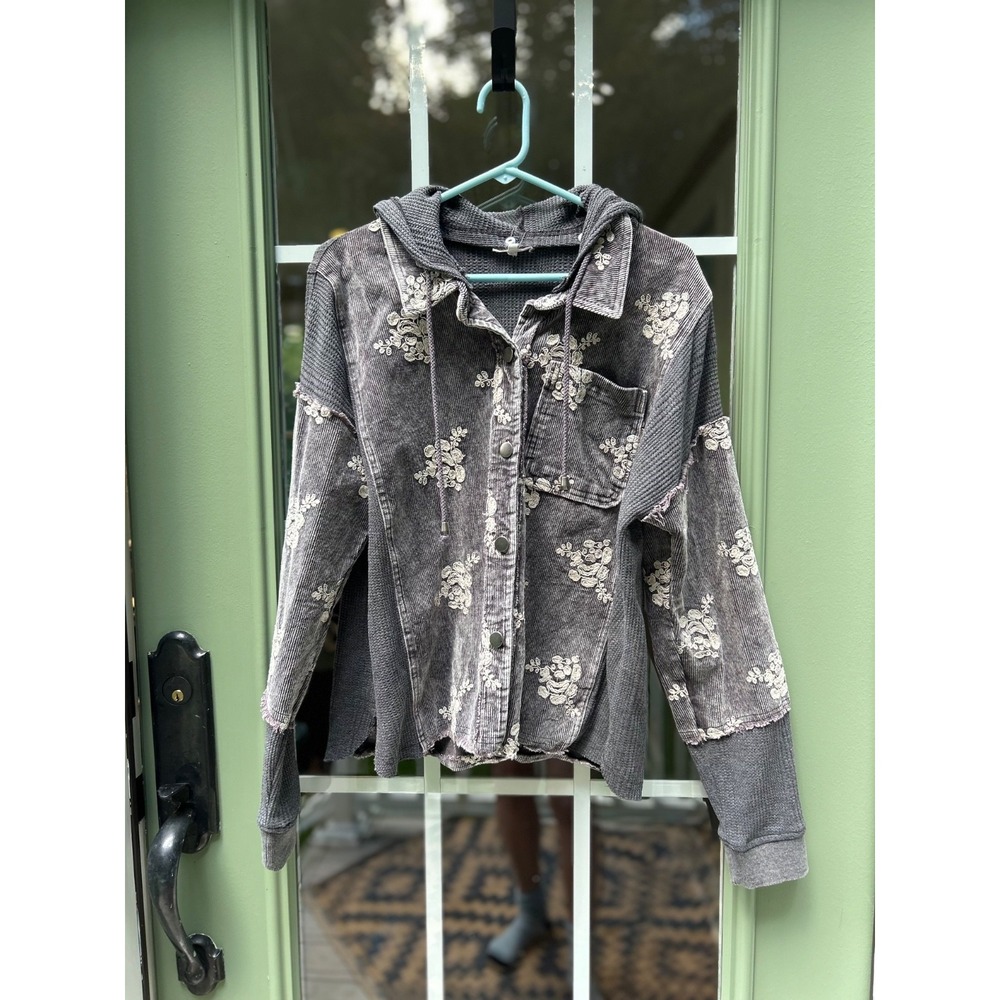 Mystree 60828 Flower Embroidery Hooded Corduroy Jacket Gray Size L Boho